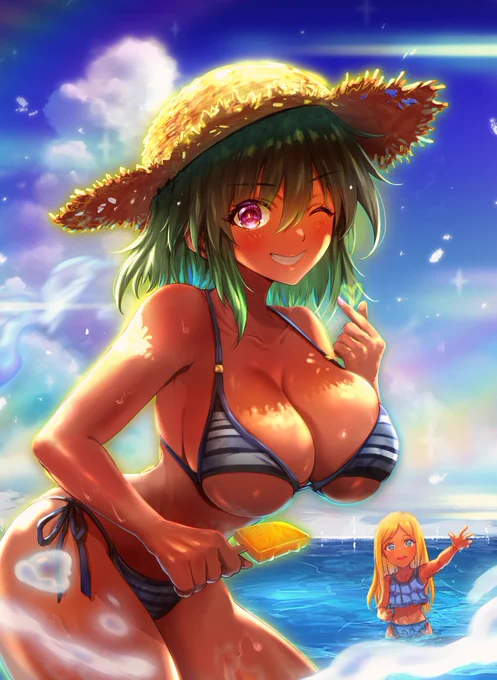 今年の夏ももう終盤です・・・早い・・・🌻
例年以上に猛暑の日が多いので、水分補給をしっかりして元気に過ごしたいですね・・・!☺️
8月も残りわずか、張り切ってまいりましょう!
☀️🌞🌻🌞☀️
#デレステ  #デレマス 
#ナターリア #生田輝 #ライラ
#褐色 #水着 