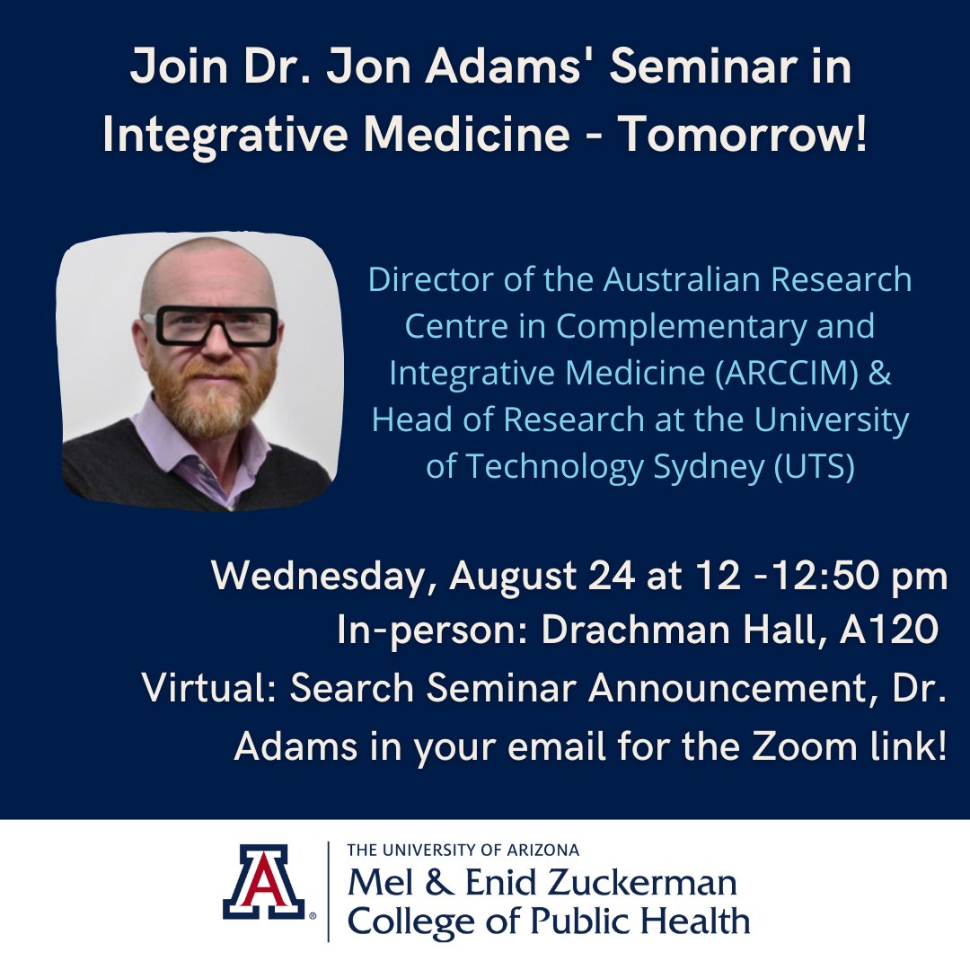 UAZPublicHealth's tweet photo. Visting from Australia, the University of Technology Sydney, don't miss Dr. Jon Adams' Seminar Tomorrow! Aug 24, 12noon. #ARCCIM #publichealthaustralia
MEZCOPH students, faculty, and staff: check your email for the zoom link. https://t.co/klTuE13Sm0