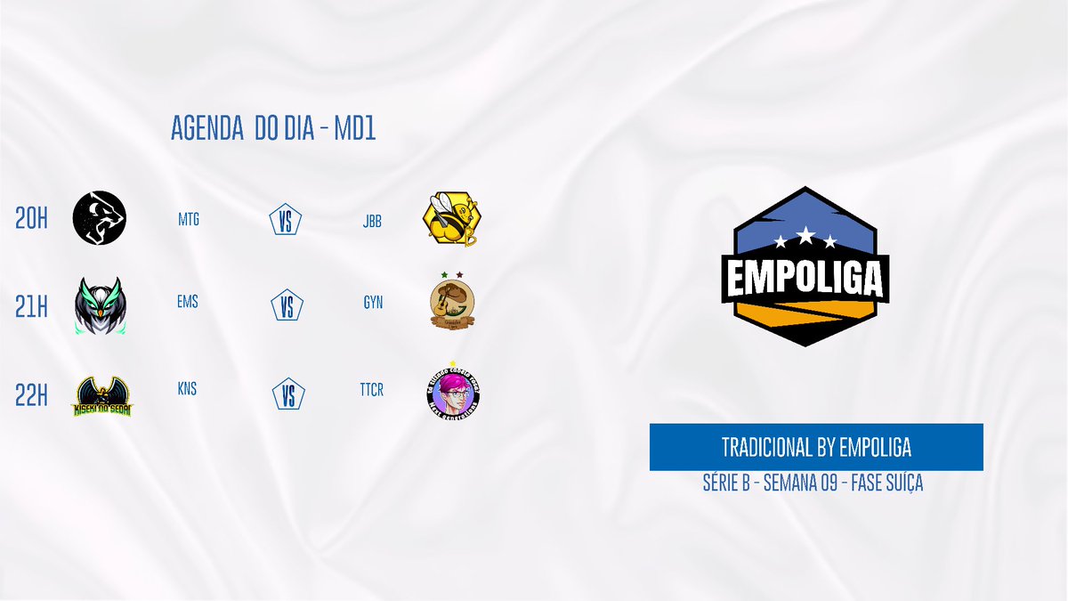 EmpoligaVP's tweet photo. Segue a agenda de transmissão do último dia de Série B na fase suíça! A partir das 20h teremos:

@_MoonTigers x @E_Jaybeesports Black
@ems_esports x @EGoianinhos 
@Kns_sports x @Tatiltadocabel1 

https://t.co/cnZ7yXyfJm

#Empoliga #SomosEmpolgados https://t.co/mrEBVzoF5u