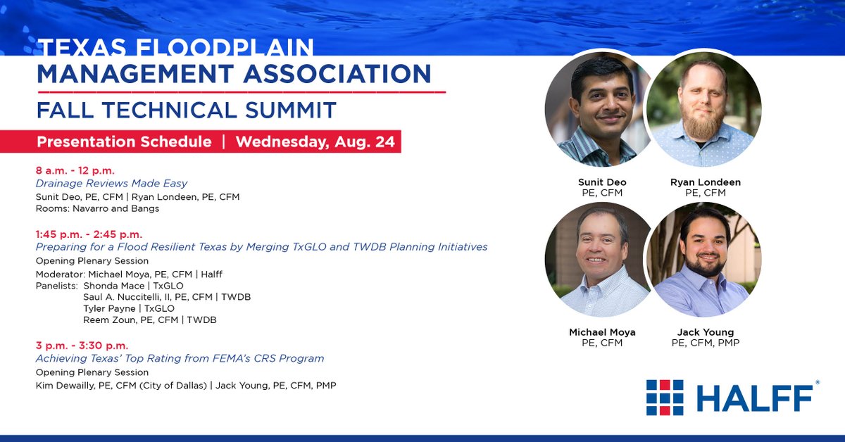 wearehalff's tweet photo. Tomorrow is day two of @TexasCFM's Fall Technical Summit and our team has a busy day of presentations! If attending, be sure to participate in our scheduled sessions to hear our speakers share their expertise. #TFMATechnicalSummit #SmarterSolutions #floodplanning https://t.co/iHIXZ4C5yl