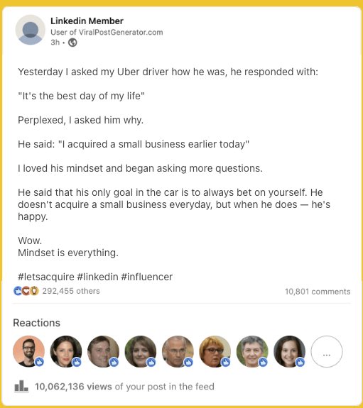 HomeServiceMike's tweet image. viralpostgenerator.com

This LinkedIn viral post generator is about to go viral. So funny. #smbtwit #eta