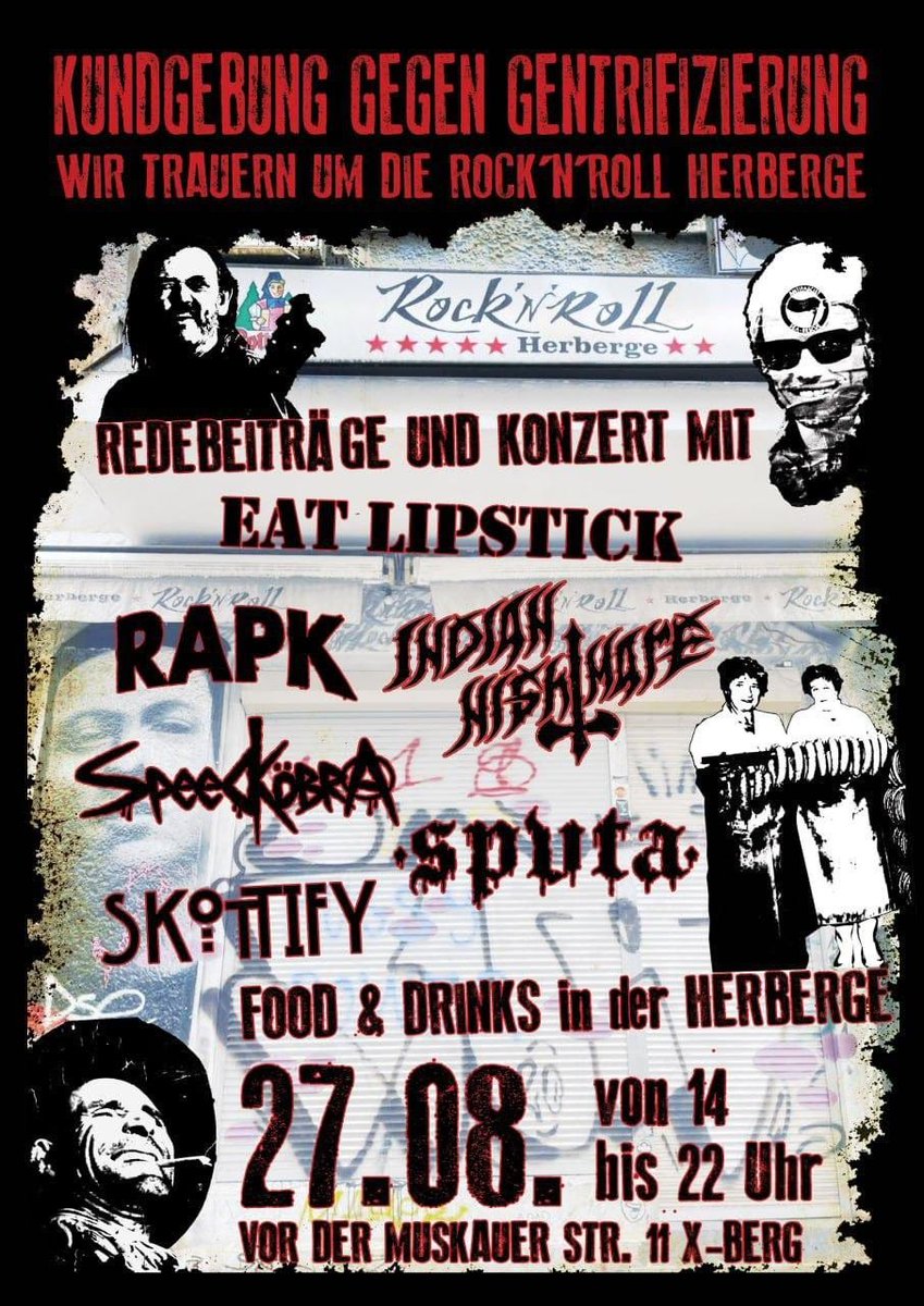 Am Sa heißts zum letzn Mal Rock'n'Roll für unsre Herberge. Weil die scheiß Mieten unbezahlbar werden wird sie aus unserer Mitte gerissen. Die Gelegenheit unsrer Wut Luft zu machen lassn wir uns nich entgehn, ab 14 Uhr mit geilen Bands in der Muskauer Str 
menschmeier.berlin/aktuell/wir-tr…