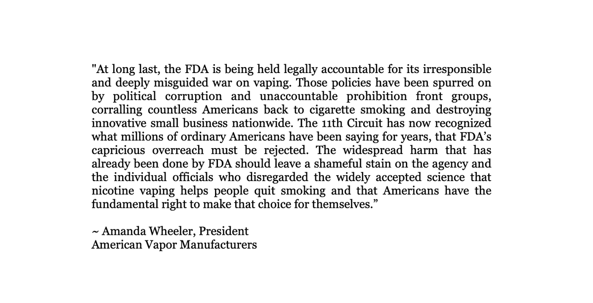 🚨  MEDIA ALERT 🚨

Statement from AVM on 11th Circuit ruling in Bidi Vapor v. FDA.