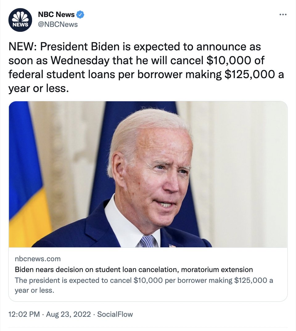 wideofthepost's tweet photo. Can someone explain it to me like I'm 5 why to Dems "middle class" stretches all the way to $400k when it comes to taxes, but only up to $125k when it comes to student loan forgiveness, and anything over gets framed as the ultra wealthy? https://t.co/5ld9XSAqIg