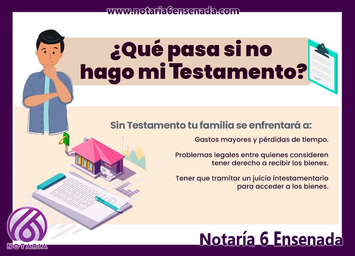 Notaria6Ens's tweet photo. ¿Qué pasa si no hago mi Testamento?
Sin #Testamento tu familia se enfrentará a:
· Gastos mayores y pérdidas de tiempo.
· Problemas legales entre quienes consideren tener derecho a recibir los bienes.
· Tener que tramitar un juicio intestamentario para acceder a los bienes. https://t.co/tDBHC1esbV