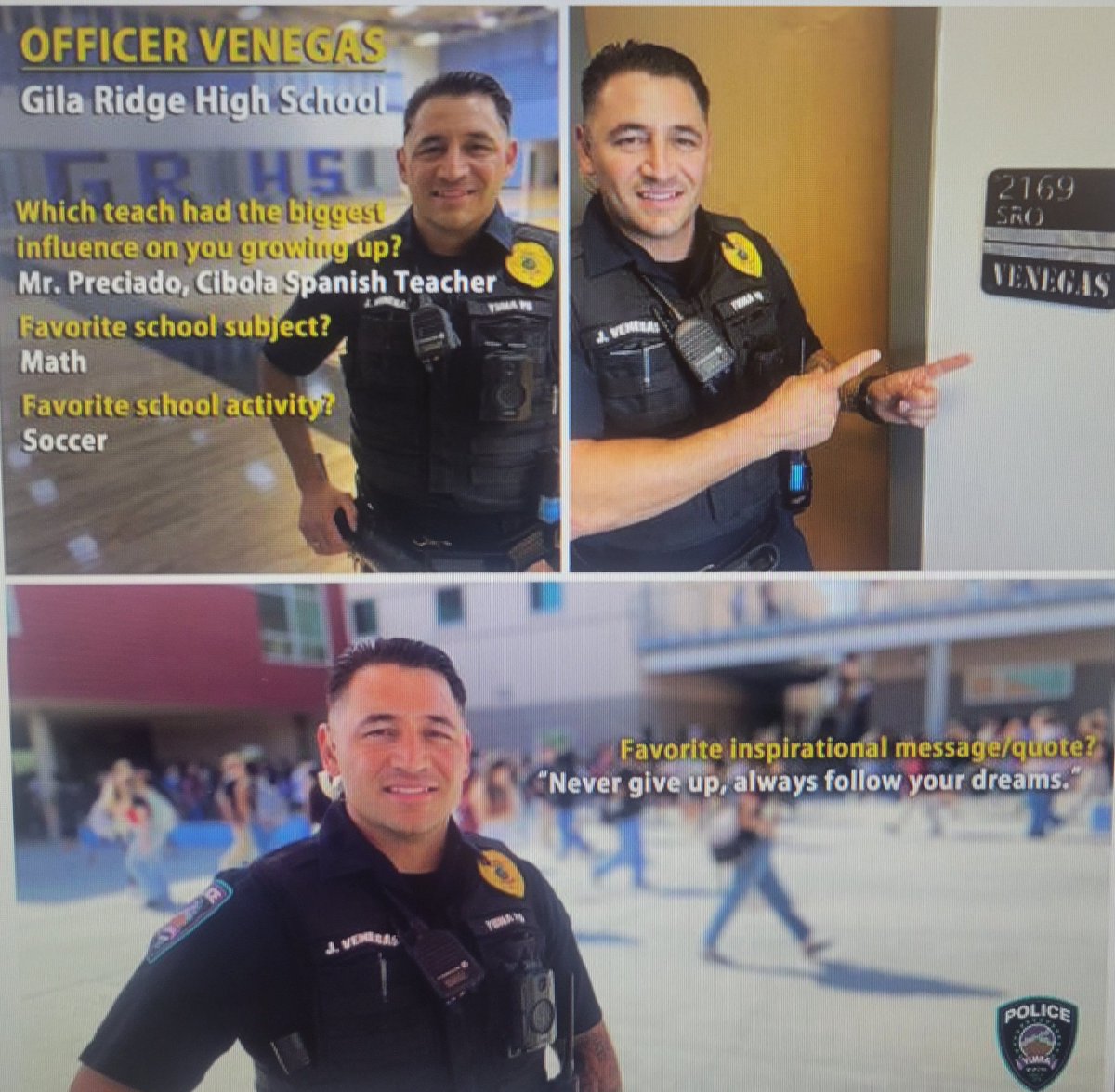yumapolice1's tweet photo. We will be highlighting our 10 School Resource Officers! Meet Gila Ridge High School's SRO!
Officer Venegas is a 6 year officer with #YumaPD and is the School Resource Officer at Gila Ridge High School. Home of the Hawks. Go Hawks! https://t.co/iLyXlTLtsn