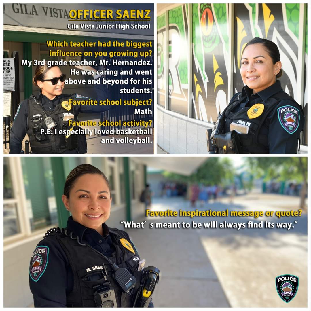 yumapolice1's tweet photo. MEET GILA VISTA JR. HIGH SCHOOL'S SRO!
Officer M. Saenz is a 7 year officer with #YumaPD and is the School Resource Officer at Gila Vista Junior High School. Home of the Monsters! Positive Attitude - Respect - Integrity - Determination - Engagement - MONSTER PRIDE! https://t.co/2ULKQ5a8MN