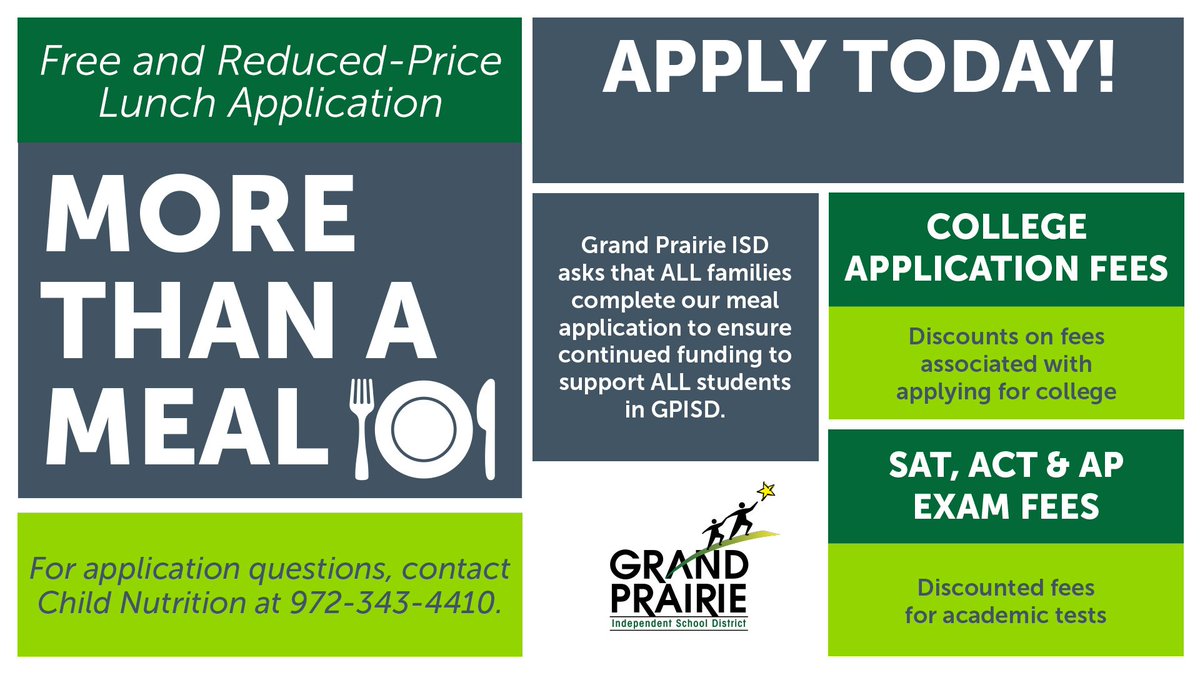 🌮 🥗 🥕Applications are still open for free and reduced-price meal applications. The past few school years, a federal waiver &amp; funding allowed GPISD to provide free meals for all students. This waiver recently expired, &amp; the district can no longer offer free meals for all.