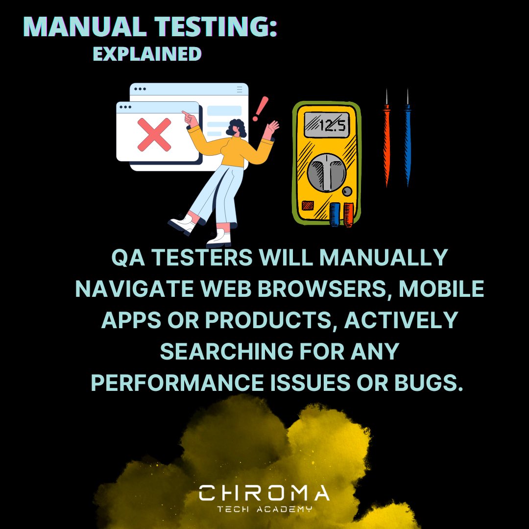 ChromaTechAcad's tweet photo. While our primary focus is Automation Testing, it’s important to have an understanding of Manual Testing as well👩‍💻🚫🤖

See the slides below for more info!

#chromatechacademy #ITlife #softwaretesting #codingbootcamp #workfromhome #qa #qatester #coding #learntocode https://t.co/QeitBqlqyW