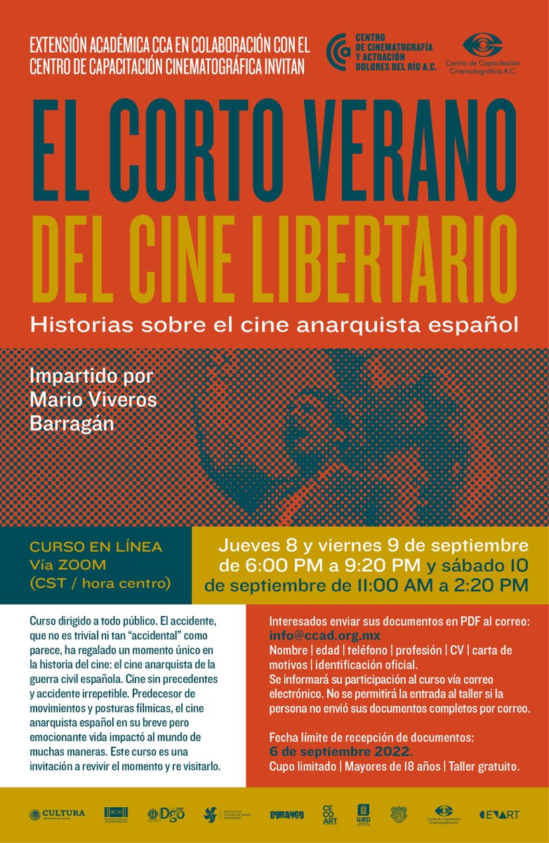CCADurango's tweet photo. EL CORTO VERANO DEL CINE LIBERTARIO 🎞️

Impartido vía zoom por Mario Viveros este jueves  8 y viernes 9 de septiembre de 6:00 PM a 9:20 PM y el sábado 10 de septiembre de 11:00 AM a 2:20 PM.
Interesados enviar sus documentos en PDF al correo: info@ccad.org.mx
Cupo limitado https://t.co/3jY9z8Ovdi