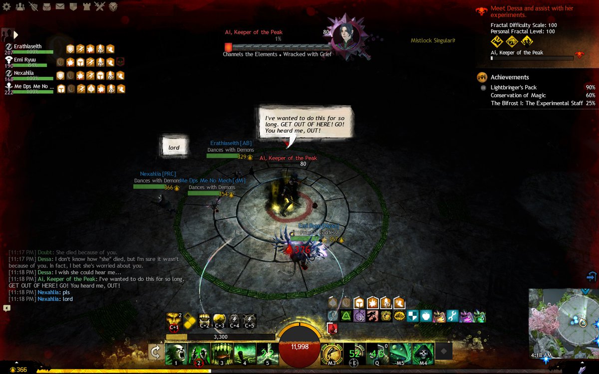 Werewing's tweet image. Thought about showing off Chaos Fractal, but then remembered I had this lovely, candid scene saved in my Screenshots. Such Catharsis.

#TenYearsOfGW2 #GW2Sweepstakes