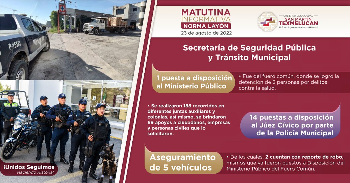 NormaLayon's tweet photo. De manera puntual se informó que se realizaron 14 puestas a disposición del Juez Cívico por parte de la Policía Municipal de #SanMartínTexmelucan.
#MatutinaInformativa https://t.co/YbqTE5ZPdW