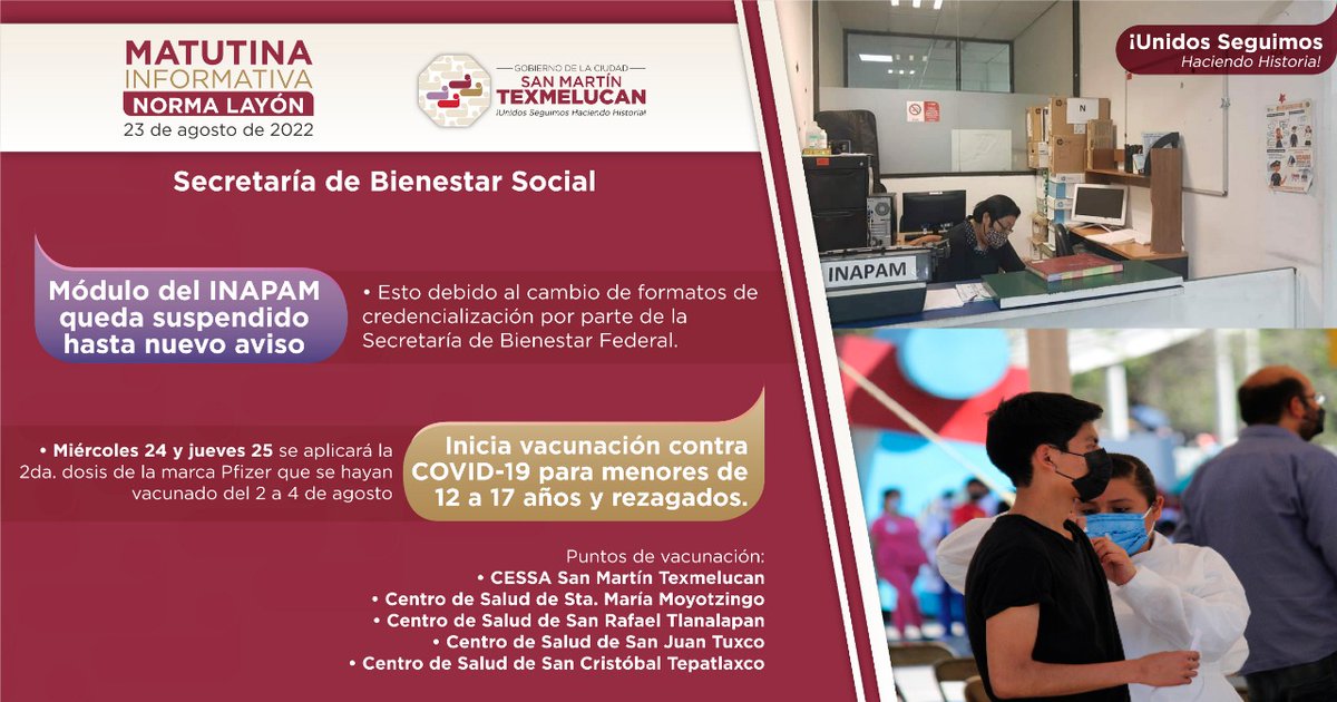 NormaLayon's tweet photo. La Secretaría de Bienestar Social informó que de manera temporal quedó suspendido el Módulo INAPAM, esto por cambios de formato de credencialización.
Además, mañana inicia la Jornada de Vacunación #COVID19mx #MatutinaInformativa https://t.co/Pim3qmTo02