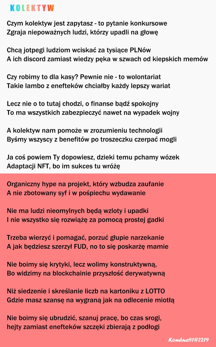 Kondua91 (@kondua91) on Twitter photo Panowie i Panie, to chyba pierwszy fanart liryczny w polskiej wersji językowej, poprawcie mnie jeśli się mylę...
24 wersy ode mnie, w stylu klasycznego Rycha, rapować nie umiem, także musicie użyć wyobraźni 😅
<a href="/nftplcollective/">NFT Polska Collective</a>
#nftpolskacollective Panowie i Panie, to chyba pierwszy fanart liryczny w polskiej wersji językowej, poprawcie mnie jeśli się mylę...
24 wersy ode mnie, w stylu klasycznego Rycha, rapować nie umiem, także musicie użyć wyobraźni 😅
<a href="/nftplcollective/">NFT Polska Collective</a>
#nftpolskacollective