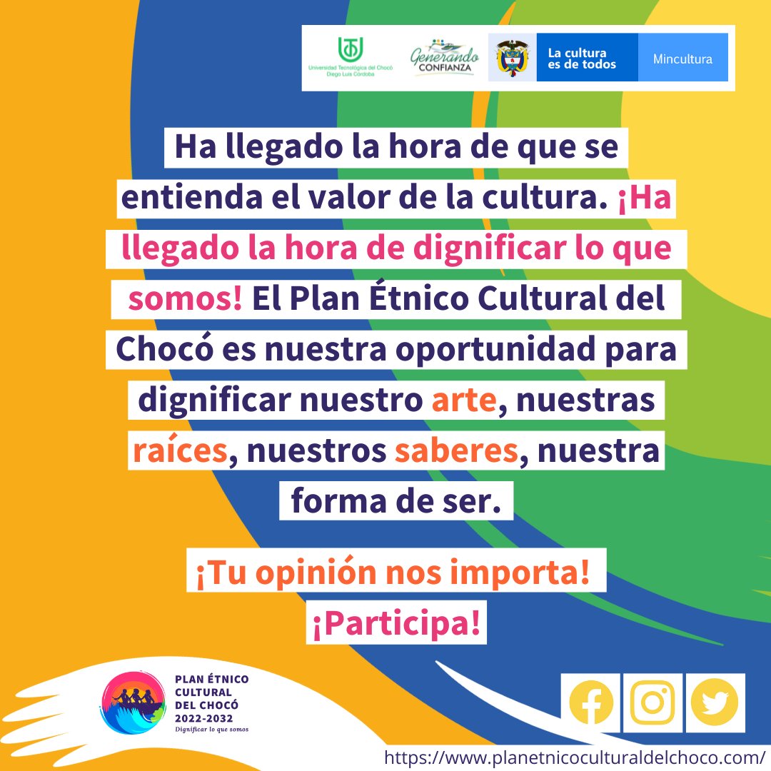 CulturaChoco's tweet photo. Si vives en el departamento del Chocó puedes aportar en la construcción del primer plan decenal de cultura, dejando tus opiniones en el siguiente formulario
https://t.co/SowyoQSojN
#planetnicocultural #chocó #cultura #colombia #dignificarloquesomos https://t.co/JYKzaR51m1