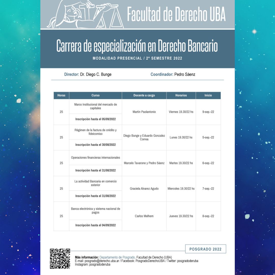 Cᴀʀʀᴇʀᴀ ᴅᴇ ᴇsᴘᴇᴄɪᴀʟɪᴢᴀᴄɪóɴ ᴇɴ Dᴇʀᴇᴄʜᴏ Bᴀɴᴄᴀʀɪᴏ
Dictado de clases año 2022 "Modalidad Presencial"

ow.ly/3VFX50KqK7F