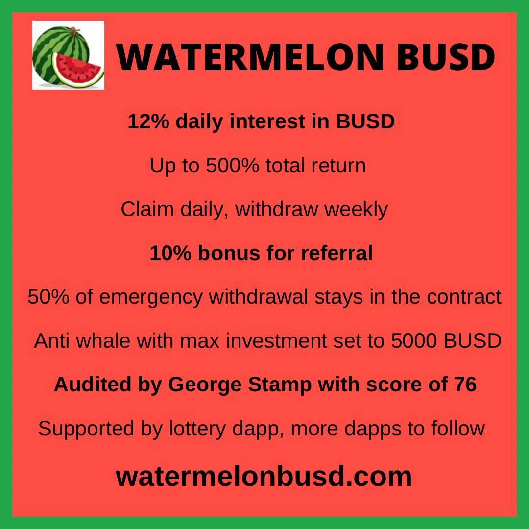 WatermelonBUSD's tweet photo. Launching soon! Follow us on https://t.co/KuLNmrBMTS and on Telegram @ https://t.co/aL6ICs7l3P
#DeFi #dapp #dappradar #BSC #BSCGems #bnb #BUSD https://t.co/9RoTtbl3se