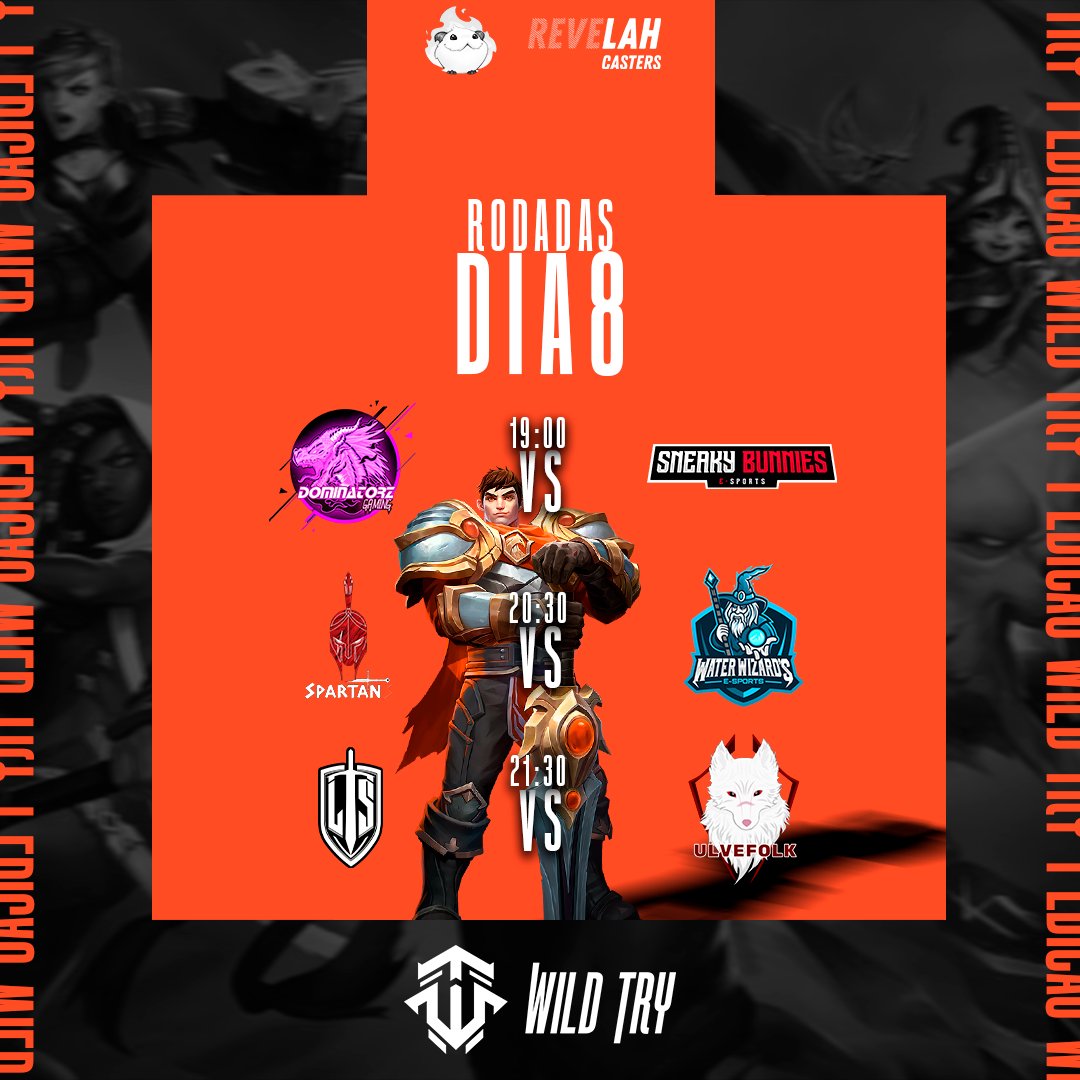 Mais um dia de camp aqui na Wild Try!!

Hoje com as quartas de finais.
19h
Dominatorz vs SneakyBunnies
20h30
Spartans vs WaterWizards
22h
@Ltsesportsbr vs <a href="/Ulvefolk/">Ulvefolk</a>
