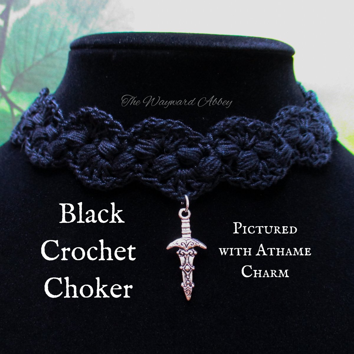 Black Crochet Choker with Charm
Here with Athame charm

Crocheted with soft black crochet thread using my own pattern. Choice of charm from a wide variety. Other colors are available.

On Etsy:
etsy.com/listing/966178…

Or Facebook:
facebook.com/commerce/produ… 

~Blessings~Courtney