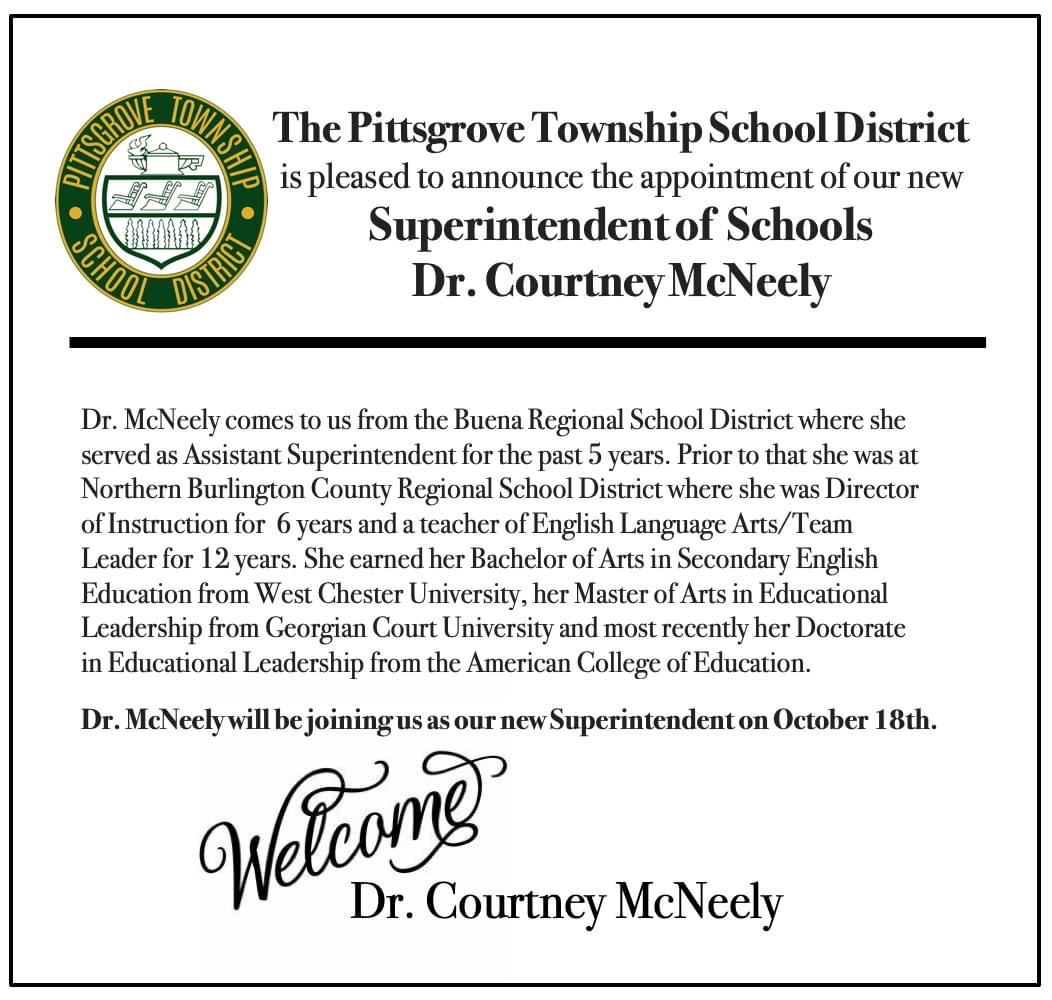 mcneelycourtney's tweet photo. Well, it is official. Honored to serve Pittsgrove Township School District. https://t.co/fPPfw4Oao0