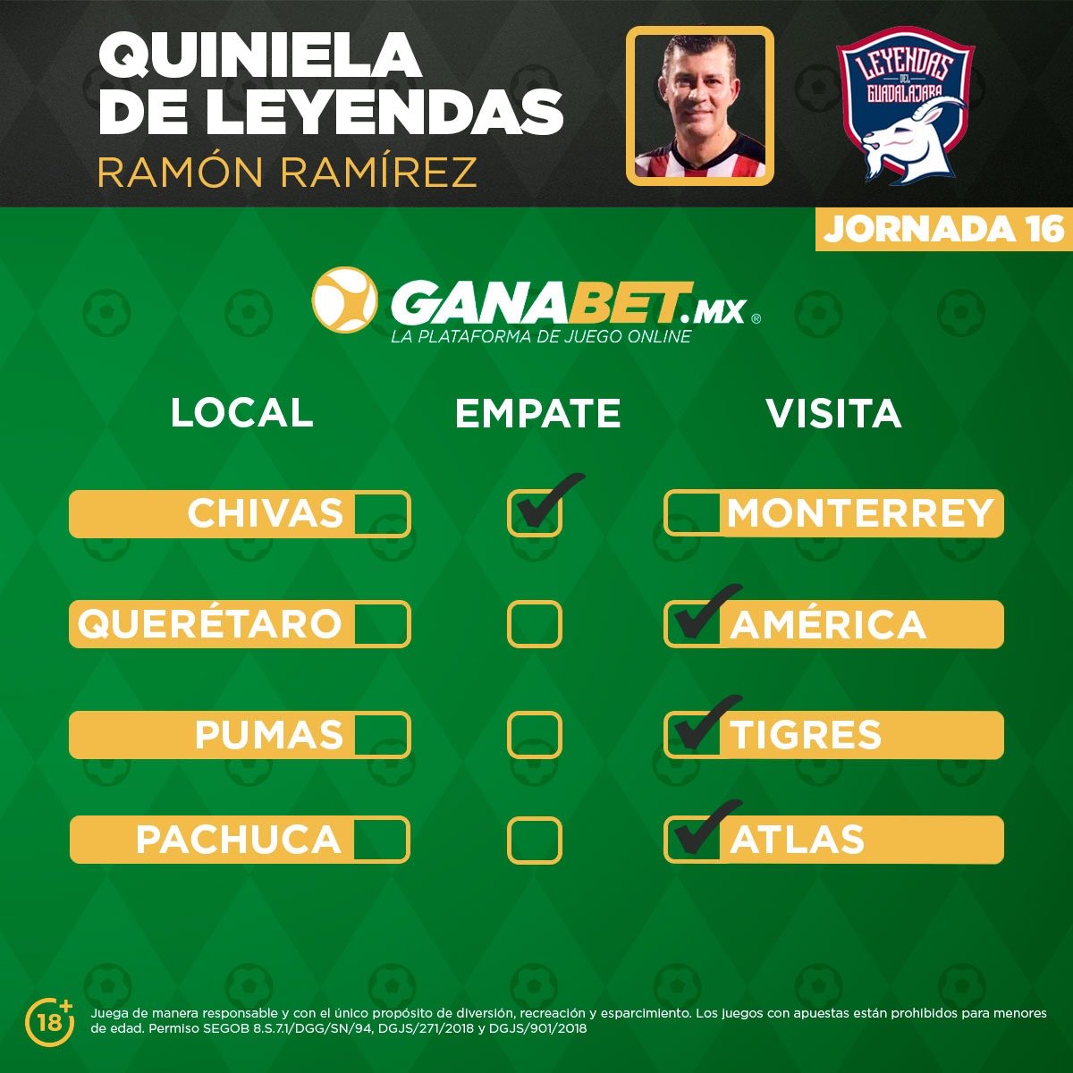 ¡Nueva fecha de la Quiniela de Leyendas! Jugamos con la ¿#Jornada16? Cosas de la Liga. 🤷‍♂️

Regístrate y obtén un Bono de $600 MXN para que juegues #ComoLasLeyendas 👉 bit.ly/Leyendas-GDL