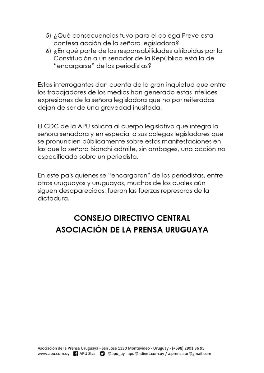 apu_uy's tweet photo. Comunicado del CDC de la @apu_uy ante las graves y antidemocráticas expresiones de la senadora @gbianchi404 en perjuicio del periodista @EPreve. @LuisLacallePou @AlvaroDelgadoUy @beatrizargimon @PVacaV @INDDHH_Uy @CAinfouy @TVCIUDADuy @FIP_AL @IFJGlobal @FEPALC @PabloIturrald14 https://t.co/Dyt1u5ZyHd