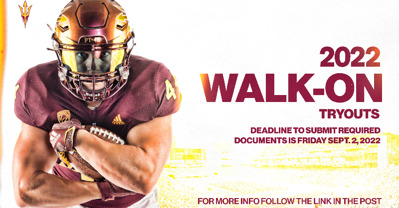 ASUFootball's tweet photo. 🚨 Walk-on Tryouts 🚨

Sun Devil Football will be hosting a walk-on tryout in September.

To qualify you must:
- Be a Full-Time ASU student
- Submit all requested documents by the deadline
- Meet all other listed requirements

Deadline: September 2 at 12pm. Details below ⬇️