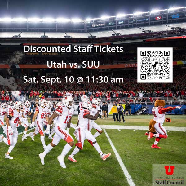 UUStaffCouncil's tweet photo. The Athletics Department is graciously offering UU staff members discounted tickets to this year’s home opener football game! Scan QR code for details! @utahfootball https://t.co/2GZf5qnBJI