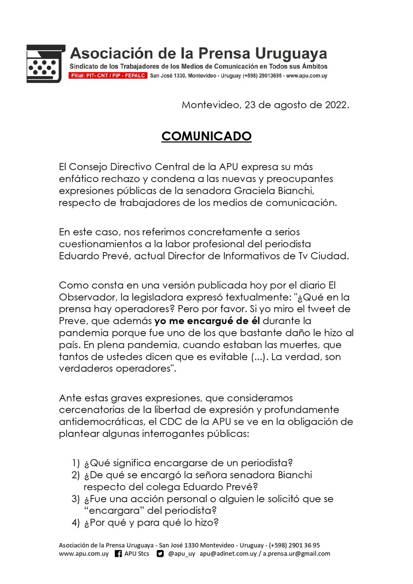 apu_uy's tweet photo. Comunicado del CDC de la @apu_uy ante las graves y antidemocráticas expresiones de la senadora @gbianchi404 en perjuicio del periodista @EPreve. @LuisLacallePou @AlvaroDelgadoUy @beatrizargimon @PVacaV @INDDHH_Uy @CAinfouy @TVCIUDADuy @FIP_AL @IFJGlobal @FEPALC @PabloIturrald14 https://t.co/Dyt1u5ZyHd