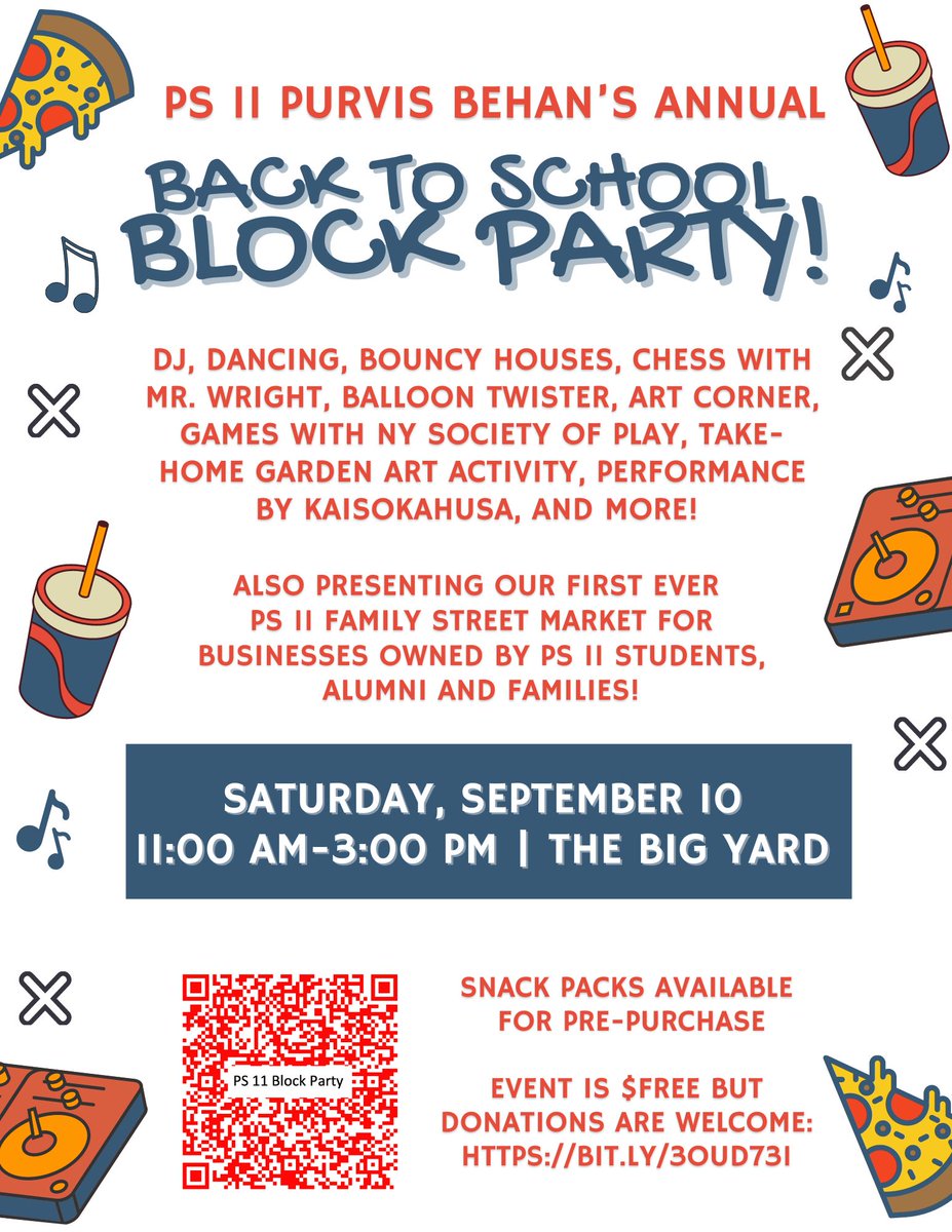 Join us on Saturday, September 10th from 11am-3pm for the 2nd annual PS 11 Back to School Block Party! It's $FREE to attend but donations are welcome (bit.ly/3oUD731) Enjoy bouncy houses, DJ, Dancing, art projects, performance by KasumaUSA and more!
