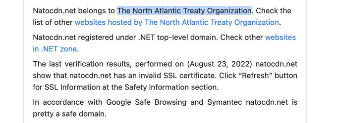 myrotvorets.center saved to https://archive.ph/MhOKK Images: 1. Myrotvorets terrorist website assets are being loaded from: natocdn.net 2. NATO owns the domain natocdn.net 3. Servers are located in Brussels, Belgium Yes, they are THAT stupid.