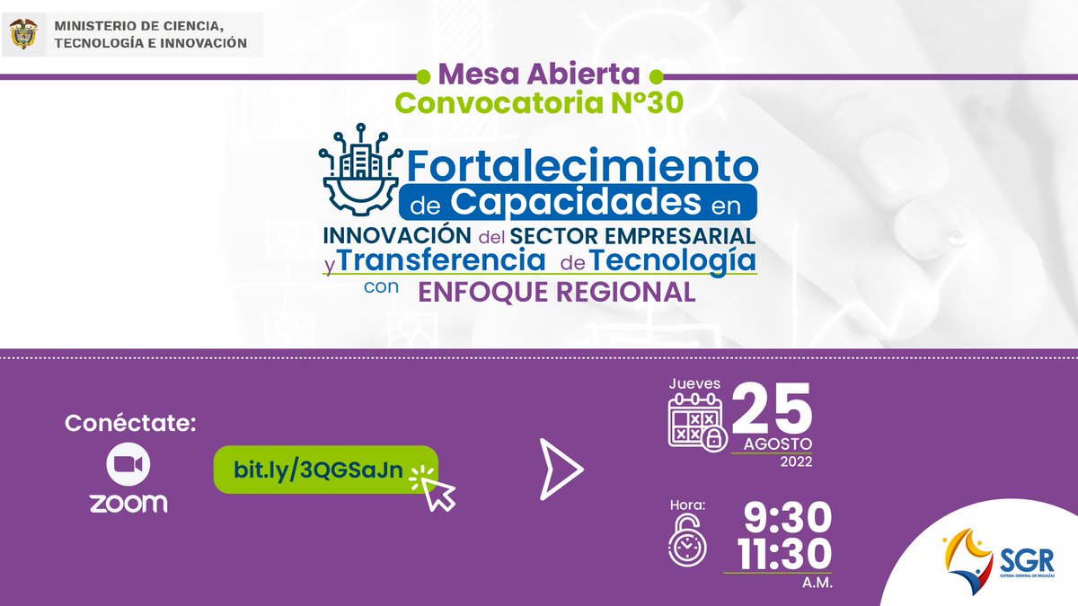 MincienciasCo's tweet photo. 🌀#DeInterés I ¿Te gustaría participar en la convocatoria para el 📈📋#FortalecimientoDeCapacidades de innovación del sector empresarial en las regiones? 🌟🇨🇴

¡Agéndate! Te esperamos en la mesa abierta: 

🗓️25 de agosto
🕙9:30 a.m.
📲https://t.co/anP21s6NaB https://t.co/NTvyI2icAt