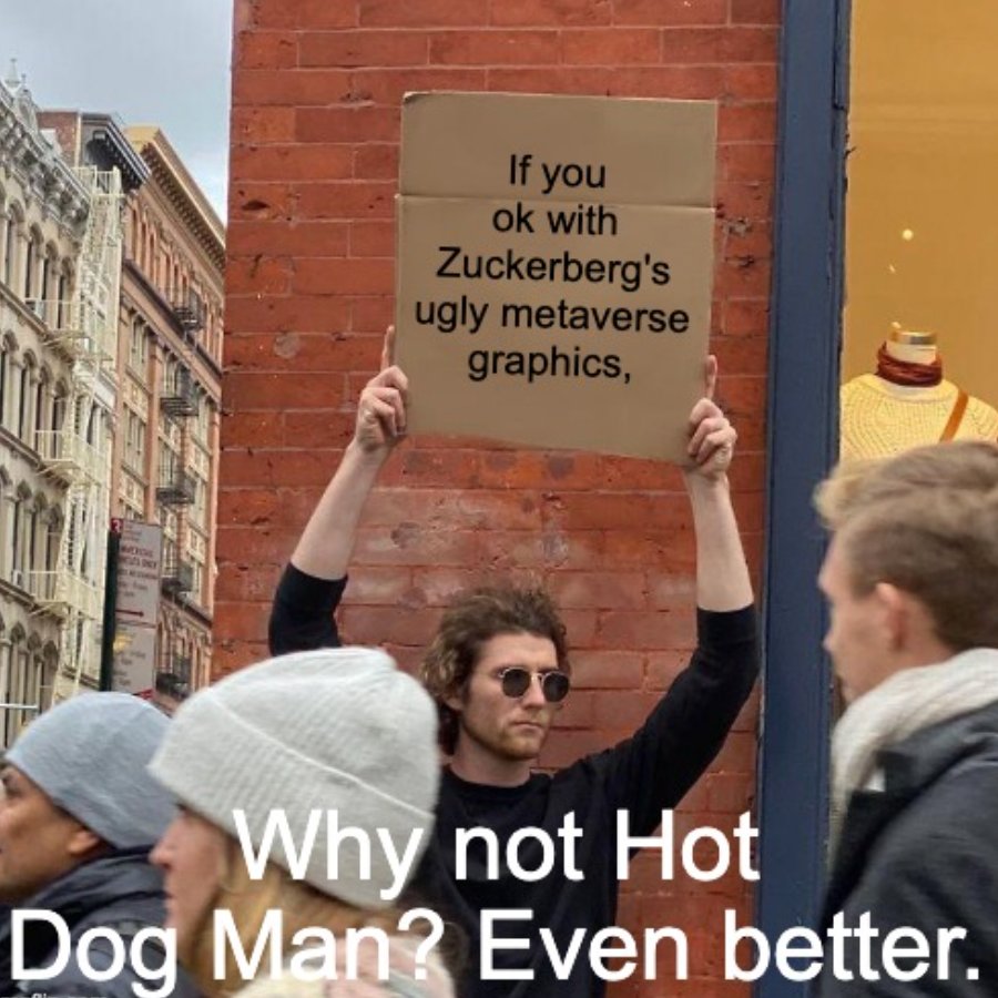 HotdogmanNft's tweet photo. Why you need Hot Dog Man NFT?
Drop your comments👇
🌭🌭🌭Follow @HotdogmanNft 🌭🌭🌭
#NFTCommunity #NFTGiveaways #OpenSeaNFT #nftart #Ethereum #ETH #NFTpromotion #NFTGiveaway #OpenSeaCommunity #Solana #EthereumNFT #Zuckerberg #facebookmetaverse #Facebook https://t.co/EgcUgQr2HD