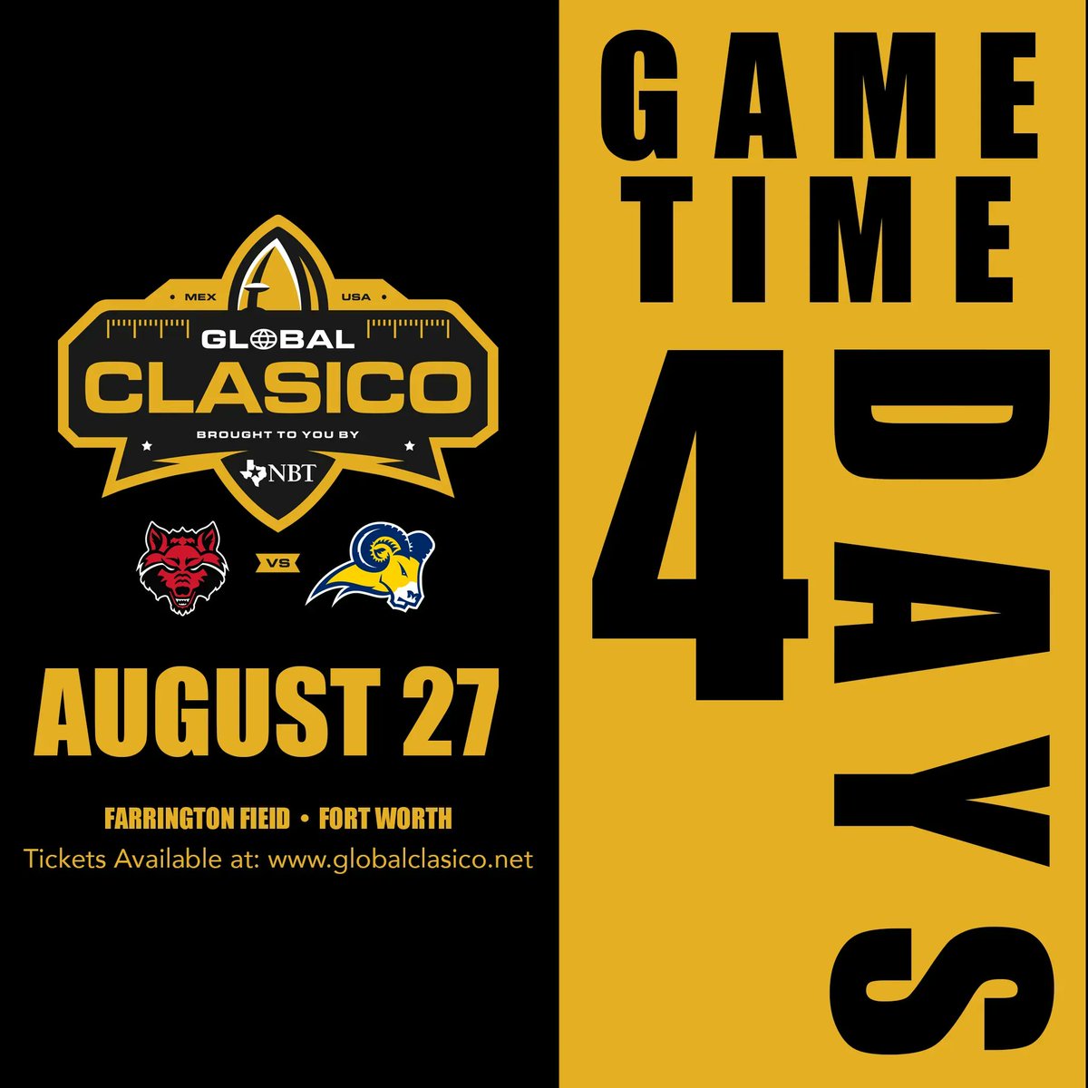 Countdown to Go Time! The alumni are talking, the students are planning, and the teams are getting into the zone. 4 days out! #football #GobalClasico #footballamericano #TEXvsASUQC #USAvsMex <a href="/txwesfootball/">TxWes Football</a> <a href="/astateredwolves/">Arkansas State Red Wolves Athletics</a> <a href="/coachtajonar/">Antonio Tajonar</a> <a href="/coachjptxwes/">Joe Prud'homme</a>