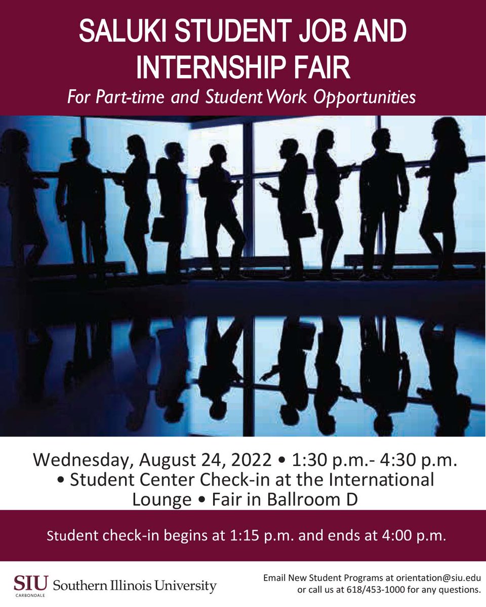 Are you looking for a job this semester? Stop by the Saluki Job Fair from 1:30-4:30pm tomorrow, August 23rd, in the Student Center Ballrooms. The fair includes part-time jobs on campus and in Carbondale and surrounding areas. Student check-in starts at 1:15pm. See you there!