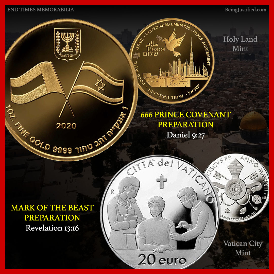 BeingJustified's tweet photo. End times memorabilia. Medal from #TheHolyLandMint showing the preparation for the #666 prince confirming the covenant with #Israel to start the final prophetic 70th week from Daniel &amp; the #Vatican mint coin commemorating the #covid jab in preparation for the mark of the beast. https://t.co/QV8qse6vw3