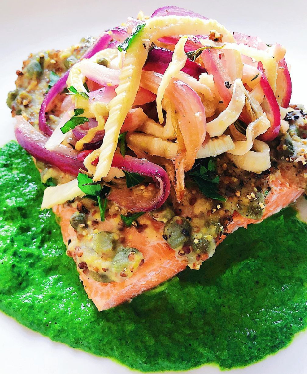 vitalchoice's tweet photo. Try this colorful miso salmon with herby tahini sauce! Season three salmon fillets with salt and pepper. Mix 2 tbsp. of miso, 2 tbsp. capers, and 1/4 cup olive oil together then toss mixture with salmon and roast at 375 degrees for 10-12 minutes. Recipe: @danielle_christy_kitchen https://t.co/4s1IoMFsZS