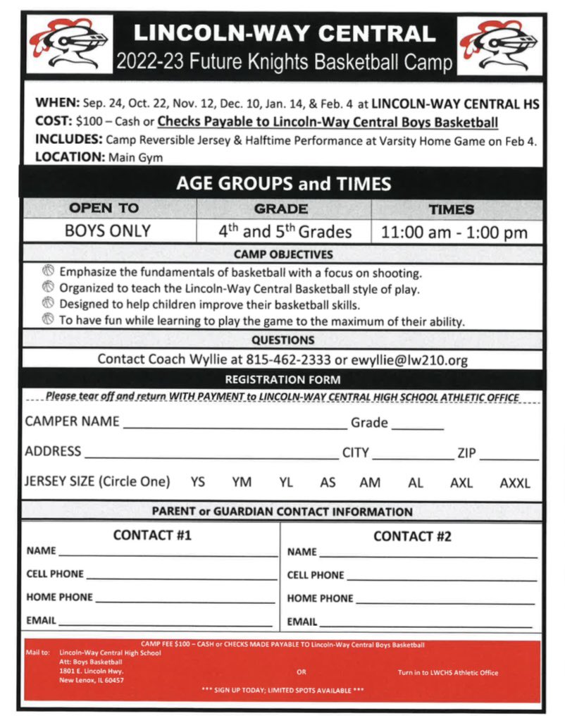 Evan Wyllie (@coachwylliechs) on Twitter photo 🚨 CAMP ANNOUNCEMENT 🚨
The Lincoln-Way Central Basketball program is excited to announce our 2022-23 Future Knights Basketball Camp! Current 4th and 5th Grade Boys are eligible to attend. There are only 30 spots available so sign-up ASAP! Go <a href="/LWCKnights/">LWC Athletics</a>! 🚨 CAMP ANNOUNCEMENT 🚨
The Lincoln-Way Central Basketball program is excited to announce our 2022-23 Future Knights Basketball Camp! Current 4th and 5th Grade Boys are eligible to attend. There are only 30 spots available so sign-up ASAP! Go <a href="/LWCKnights/">LWC Athletics</a>!