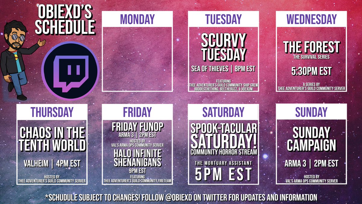 ObieXD's tweet photo. #Twitch Schedule for https://t.co/OnsAc1CkqE
#TwitchAffiliate #YouTube #YouTuber #Hover #TikTok #RazerStreamer #TeamElgato #StreamHero #BleedPurple #PathtoPartner #VisuallyImpaired #Cook #Gamer #Adventurer
#LinkTree at https://t.co/FMAr5fz3wO https://t.co/UJdv2a7IKh