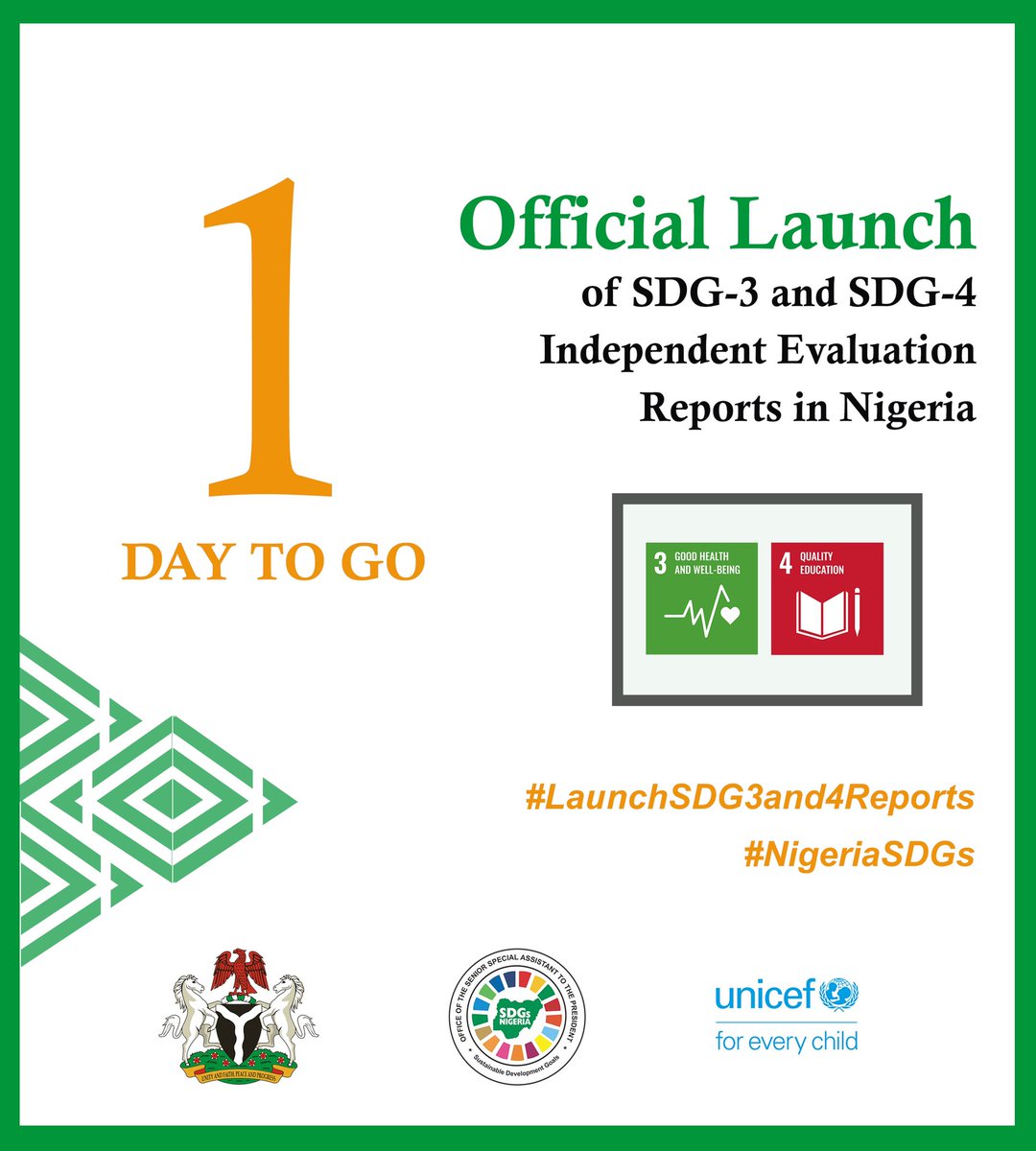 ossap_sdgs's tweet image. 1 Day to Go 📌📌📌! We are excited to announce the Official Launch of SDG-3 and SDG-4 Evaluation Reports in Nigeria by HE. Vice President of Nigeria @ProfOsinbajo! A first in the Global South! @FinMinNigeria @UNICEF_Nigeria #Agenda2030 #SDGs #Nigeria #SDGEvaluation