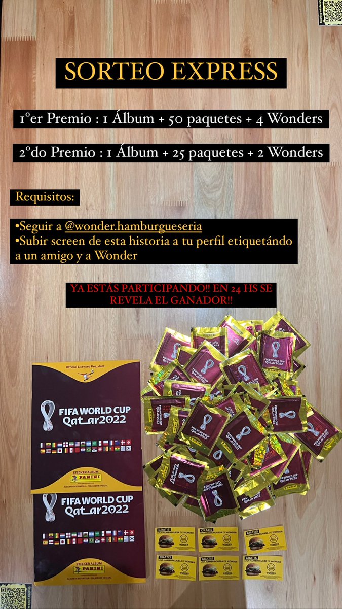 SORTEO EXPRESS 🎁🎁💛

1️⃣er Premio : 1 Álbum + 50 paquetes + 4 Wonders

2️⃣do Premio: 1 Álbum + 25 paquetes + 2 Wonders 

Requisitos:
•Follow <a href="/WHamburgueseria/">wonder.hamburgueseria</a> ➡️
•Dar RT y Fav 🔄🤍
•Comentar etiquetándo 2 amigos 🫂

EN 24hs SE REVELA EL GANADOR 🏆