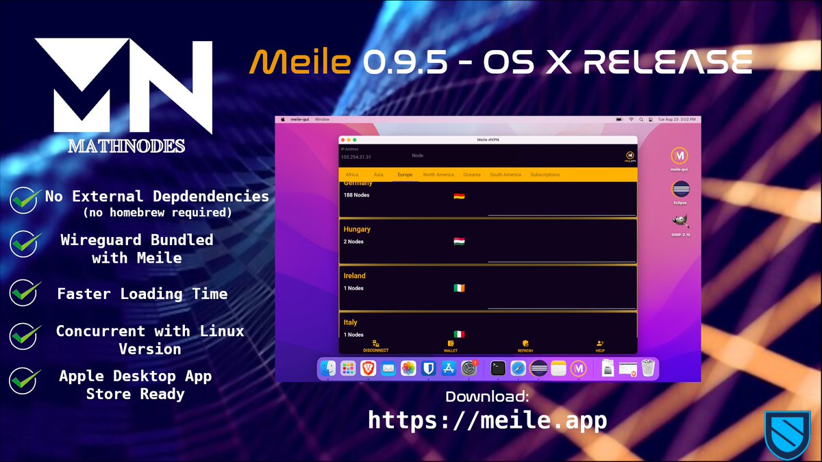 MathNodes's tweet image. We can't stop ourselves! Meile 0.9.5 for OS X. Now bundled with wireguard. No homebrew dependencies required. Target: Apple Desktop App Store. Get it @ meile.app #dvpn #vpn #privacy