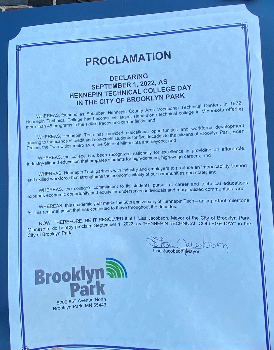 HennepinTech's tweet photo. THANK YOU @cityofbrooklynpark Last night, Mayor Lisa Jacobson proclaimed Sept. 1 as Hennepin Technical College Day for our 50th anniversary. Interim Pres. Joy Bodin thanked the city for its partnership. 
@minnstateedu #HTC50 #HTCproud #handsonlearning #technicaleduation https://t.co/c8I8W7M6pF