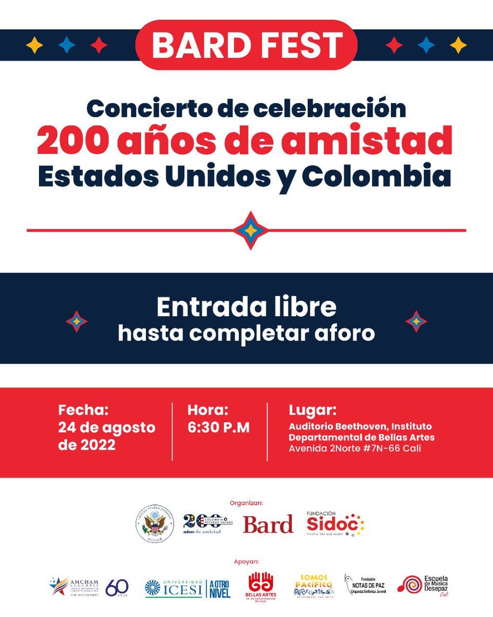 SomosPacificoTC's tweet photo. Mañana a las 6:30 p.m. en la sala Beethoven de @BellasArtesC se llevará acabo el #BardFest, un concierto para celebrar los 200 años de amistad entre EEUU y Colombia y donde #SomosPacífico estará presente con el talento musical de 8 de nuestros participantes 👏 https://t.co/i5dEUE0mvk