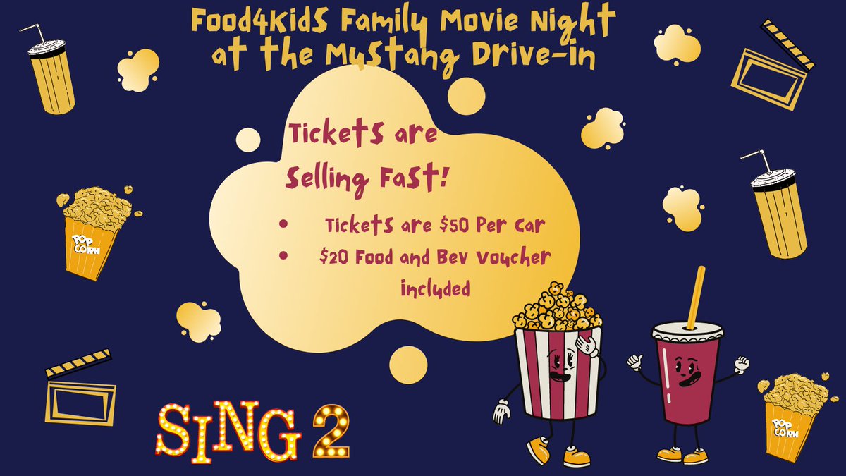 Tickets are selling fast for our Family Movie night at the Mustang Drive-in! Tickets are $50 per car, including a $20 Food and Beverage voucher to use. We are showing family favourite Sing 2. 
Grab your tickets or donate to our program here:
canadahelps.org/.../drive-in-m…