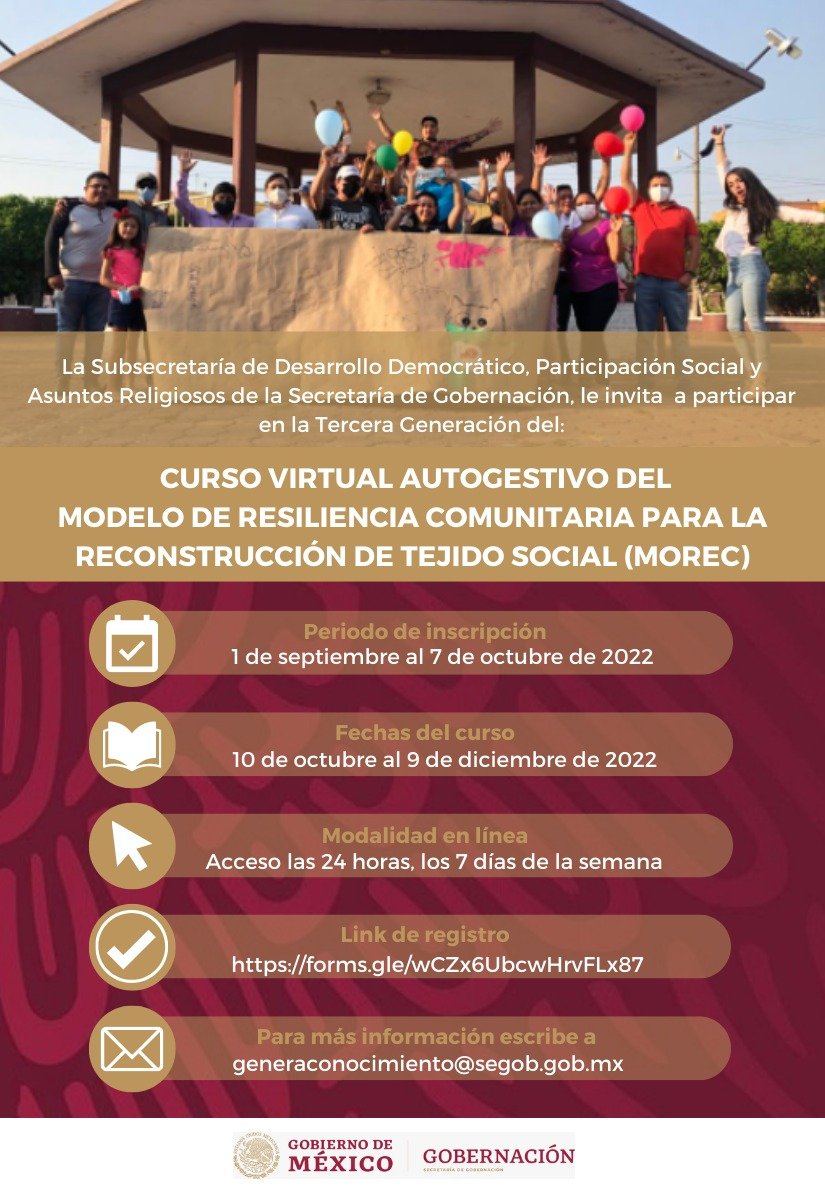 AENL_MX's tweet photo. Las y los invitamos a la Tercera Generación del "Curso Autogestivo del Modelo de Resiliencia Comunitaria para la Reconstrucción de Tejido Social #MOREC" de la @SEGOB_mx.
El objetivo será brindar herramientas, habilidades y capacidades para fortalecer el trabajo comunitario. https://t.co/fZUh6tTyYV