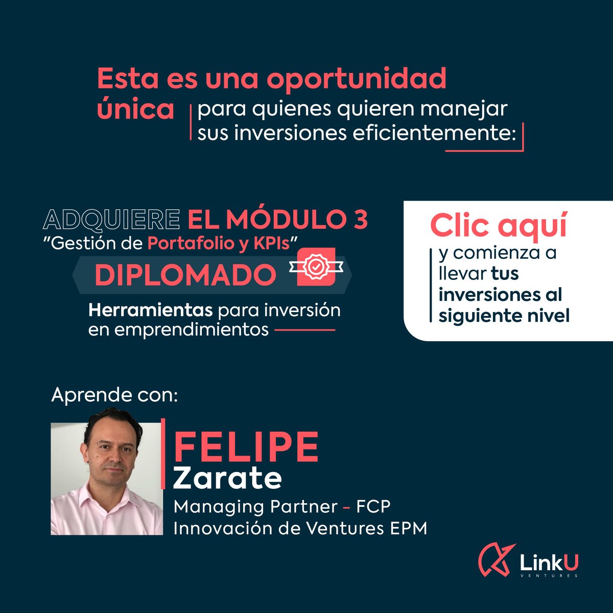 LinkuVentures's tweet photo. Felipe Zarate, actualmente es el General Manager &amp; Key Person, FCP Innovation SP at Credicorp Capital.

Además ha sido facilitador de cada uno de los cursos de Corporate Venture Capital del país.

Para recibir más información da clic aquí: https://t.co/s87rnQiwfJ https://t.co/VnXuJkMYoJ
