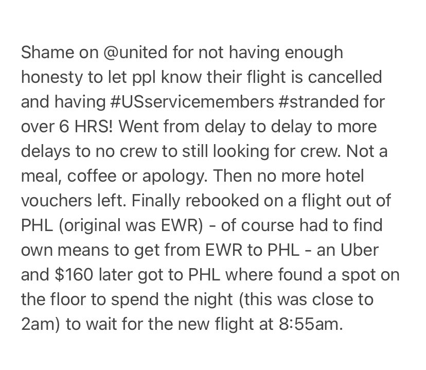 jessimbrito's tweet photo. Shame on @united for not having enough honesty with passengers and having #USservicemembers #stranded for over 6 HRS! Went from delay to delay to no crew to still looking for crew. Not a meal, coffee or apology. @USDOT #CEOScottKirby https://t.co/Rc9lkY8A21