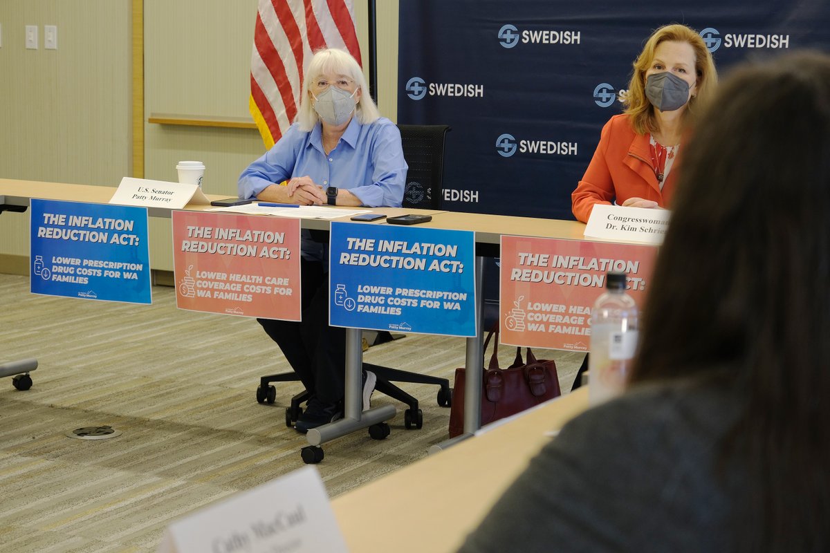 PattyMurray's tweet photo. In Issaquah with @RepKimSchrier, we spoke with advocates and seniors about how the Inflation Reduction Act will lower drug costs and hold pharmaceutical companies accountable. This bill is going to be life changing—and lifesaving—for so many seniors and people with disabilities. https://t.co/0iPRKuJ5m7