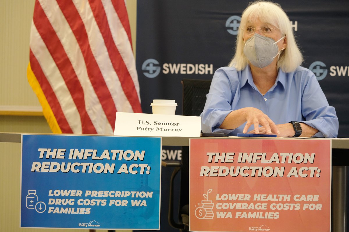 PattyMurray's tweet photo. In Issaquah with @RepKimSchrier, we spoke with advocates and seniors about how the Inflation Reduction Act will lower drug costs and hold pharmaceutical companies accountable. This bill is going to be life changing—and lifesaving—for so many seniors and people with disabilities. https://t.co/0iPRKuJ5m7